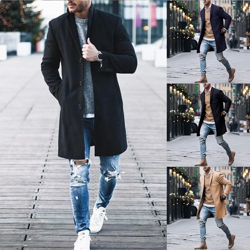 Solid Business Casual Woolen Trench Coats Male Medium Slim Collar Leisure Button Jackets Autumn Winter Fashion Tops Streetwear