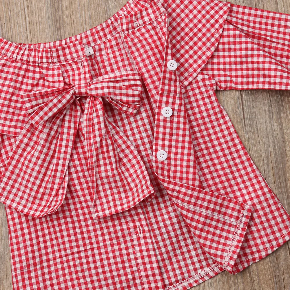 Одежда для малышей для девочек детская одежда блузка с бантом с открытыми плечами плед Повседневное верхняя одежда Блузка для девочек От 1