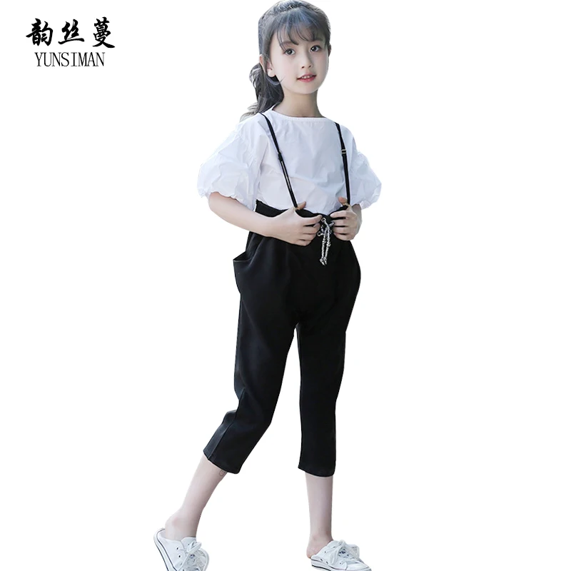 

Summer Baby Girls Clothes Set for Girls 8 9 10 11 12 Years Kids White Puff Sleeve Chiffon Tee Shirts+ Black Overalls 2pcs 12C09