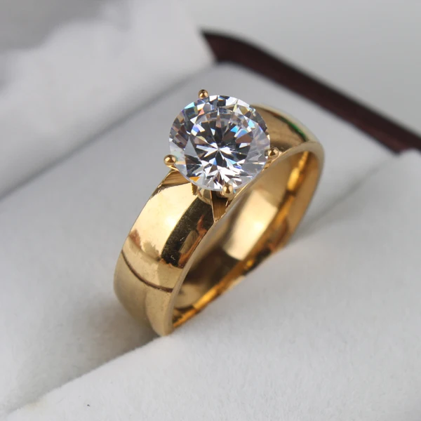 free shipping 6mm Light Zircon CZ gold color 316L Stainless Steel finger rings men women jewelry wholesale lots