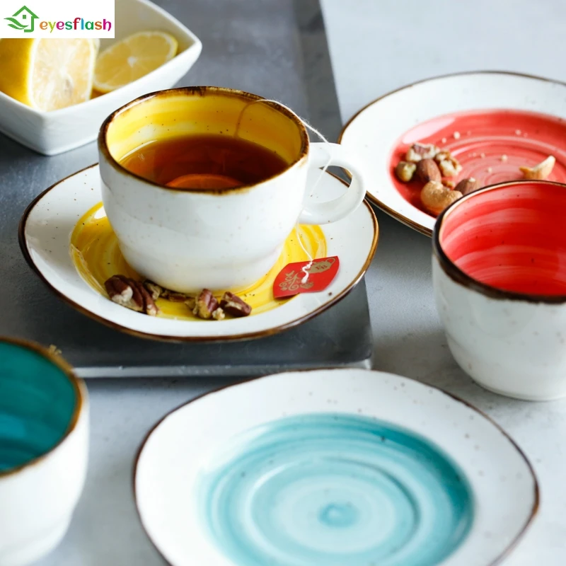 

Candy color Simple Style Red Blue Yellow Scandinavian Grace Coffee Cup Set Ceramic Tea Mugs Saucer Porcelain Under Glazed