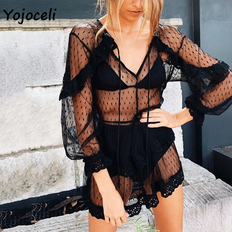 

Yojoceli white lace dot dress women 2019 summer see through ruffle bikini cover up dress mini dress
