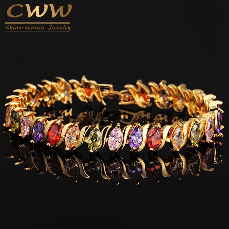 

CWWZircons Top Quality Oval Shape Crystals Paved Yellow Gold Color Women Tennis Bracelets With Multi Colored Zircon Stone CB168