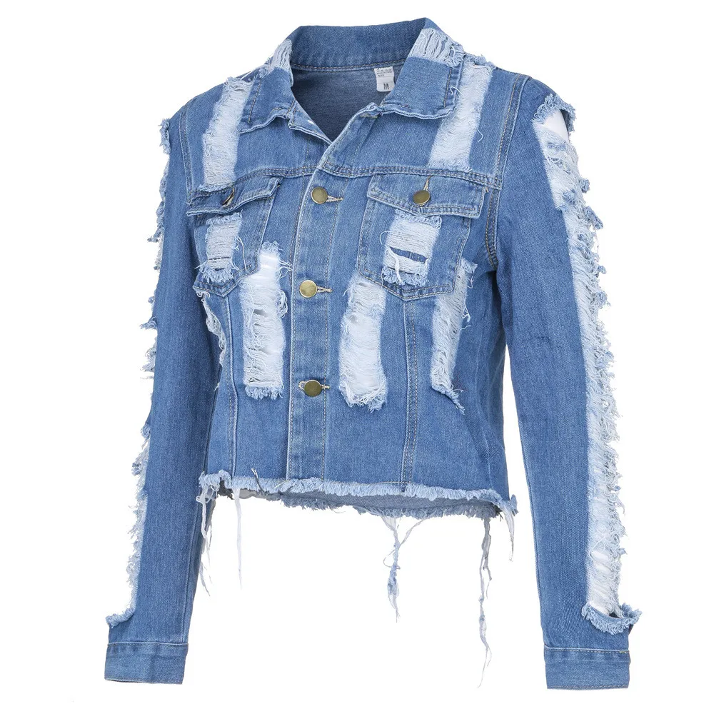

2018 Fashion Womens Basic Jackets Women's Casual Hole Coat Women Long Sleeve Pocket Button Denim Jacket Coat Outcoat Coats