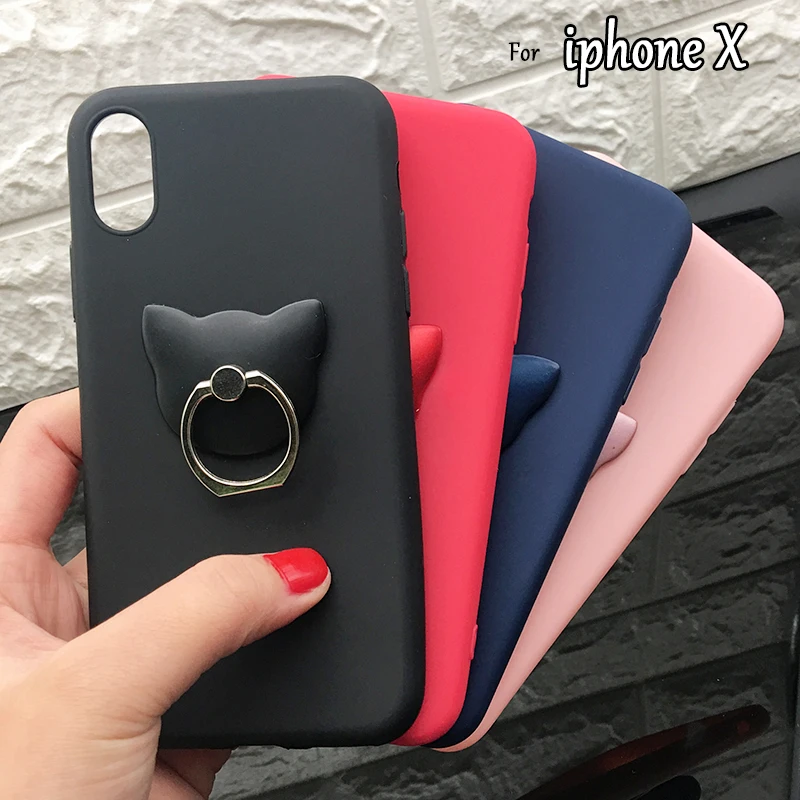 

For iphone 6 6S 7 Plus 5 5S SE Candy Color Silicone Cases Cartoon Cat Skull Cover For iPhone X 6 6S 8 Plus With Ring Holder Case