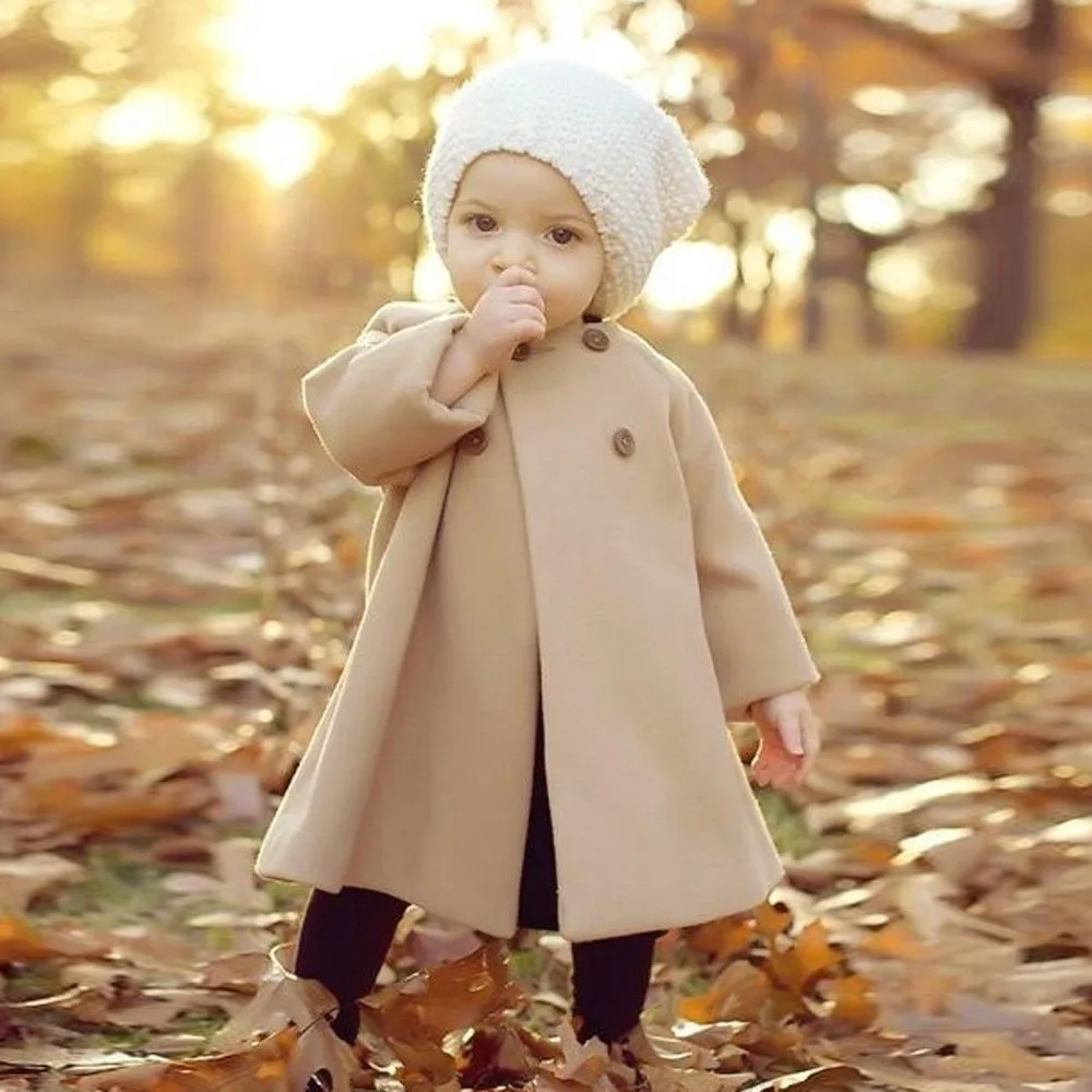 Cute Autumn Winter Button Cardigan Jacket Outerwear Solid Cloak Warm Coat Trench Clothes 0-5T Baby Little Girls