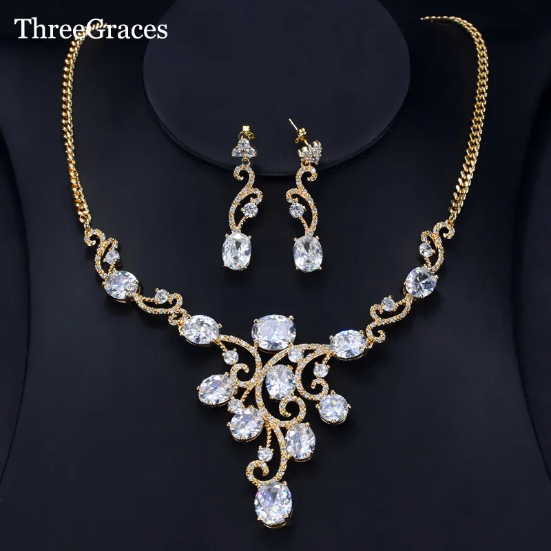 

ThreeGraces Luxury Gold Color Clear Cubic Zirconia Bridal Necklace And Earrings Wedding Jewelry Sets For Brides JS043