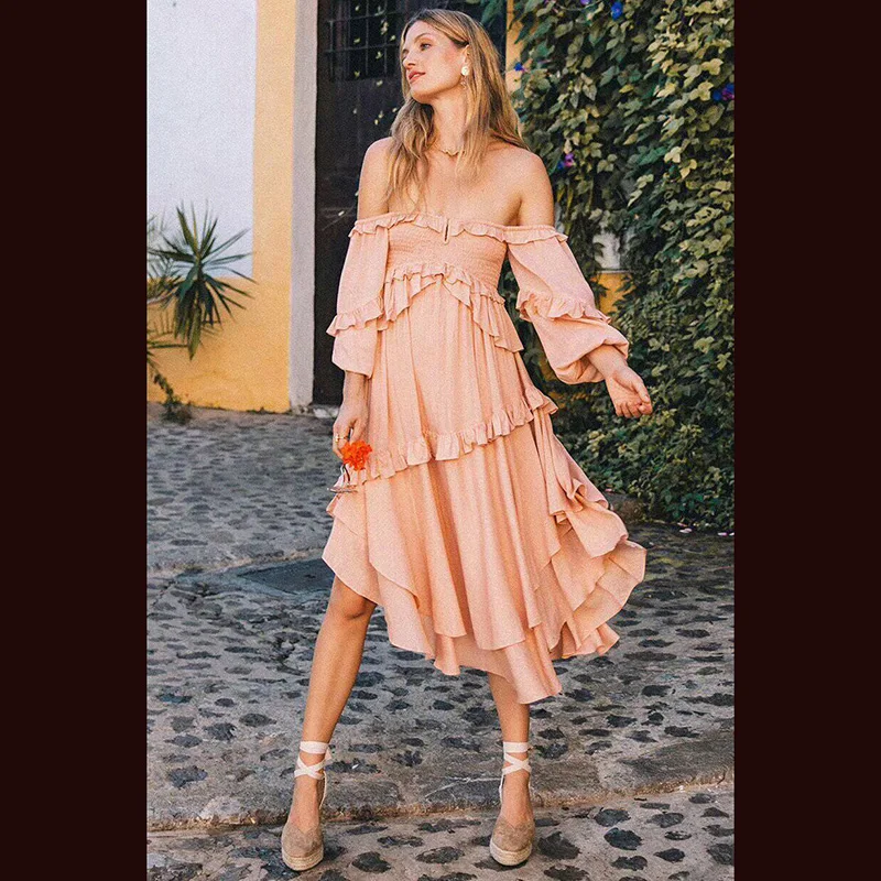 

New spring and summer casual word collar lotus leaf silk bohemian strapless multi-layer asymmetric hem holiday dress