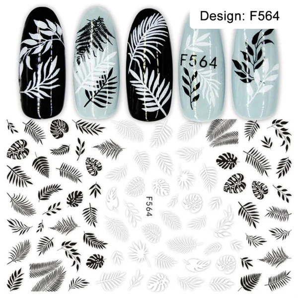 1 шт 3d наклейки на ногти черный белый лист письмо цветочный дизайн ногтей клейкая пленка Декоративные наклейки для маникюра обертывания LEF555-573 - Цвет: F564