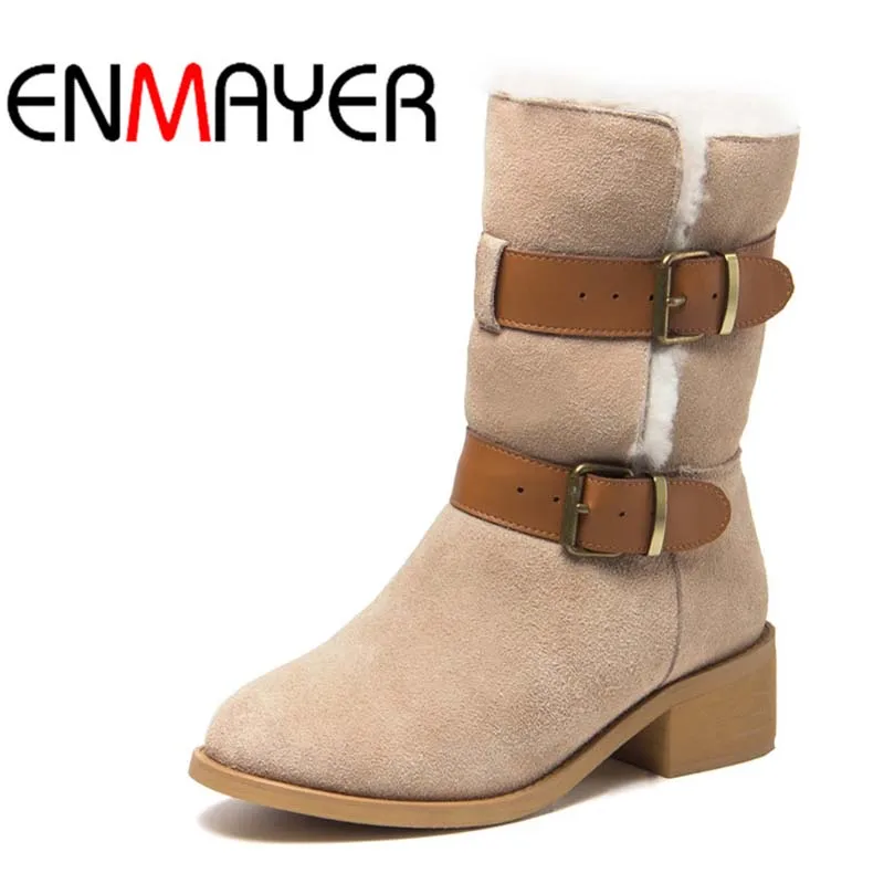 

ENMAYER Retro Cow Split Ankle Boots For Women New Buckle Buckle Round Toe Med Motorcycle boots Women Hot Platform Martin  Boots