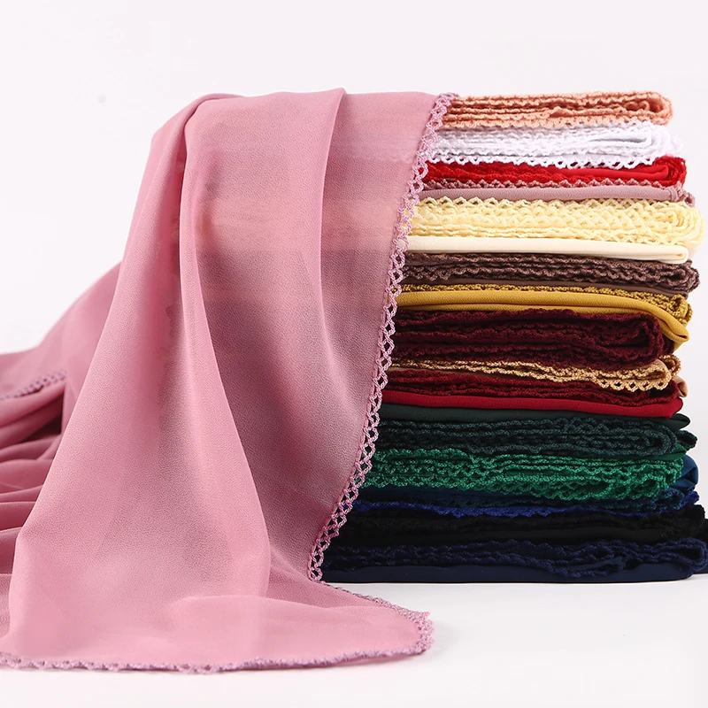 

bubble plain bubble chiffon lace edges scarf women muslim hijab wrap shawls headband scarves wholesale 180*75cm