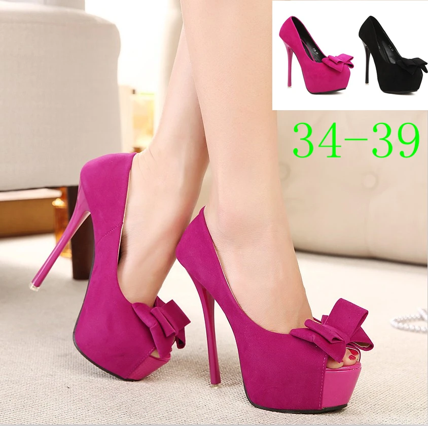 Fuchsia pink bowtie peep toe women shoes high heels wedding shoes sexy