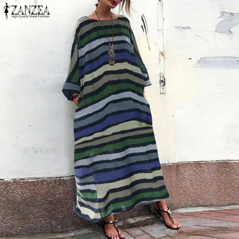 Женский летний сарафан ZANZEA богемное платье в полоску женское винтажное платье с рукавом 3/4 и круглым вырезом свободное повседневное длинное платье макси Vestidos 5XL