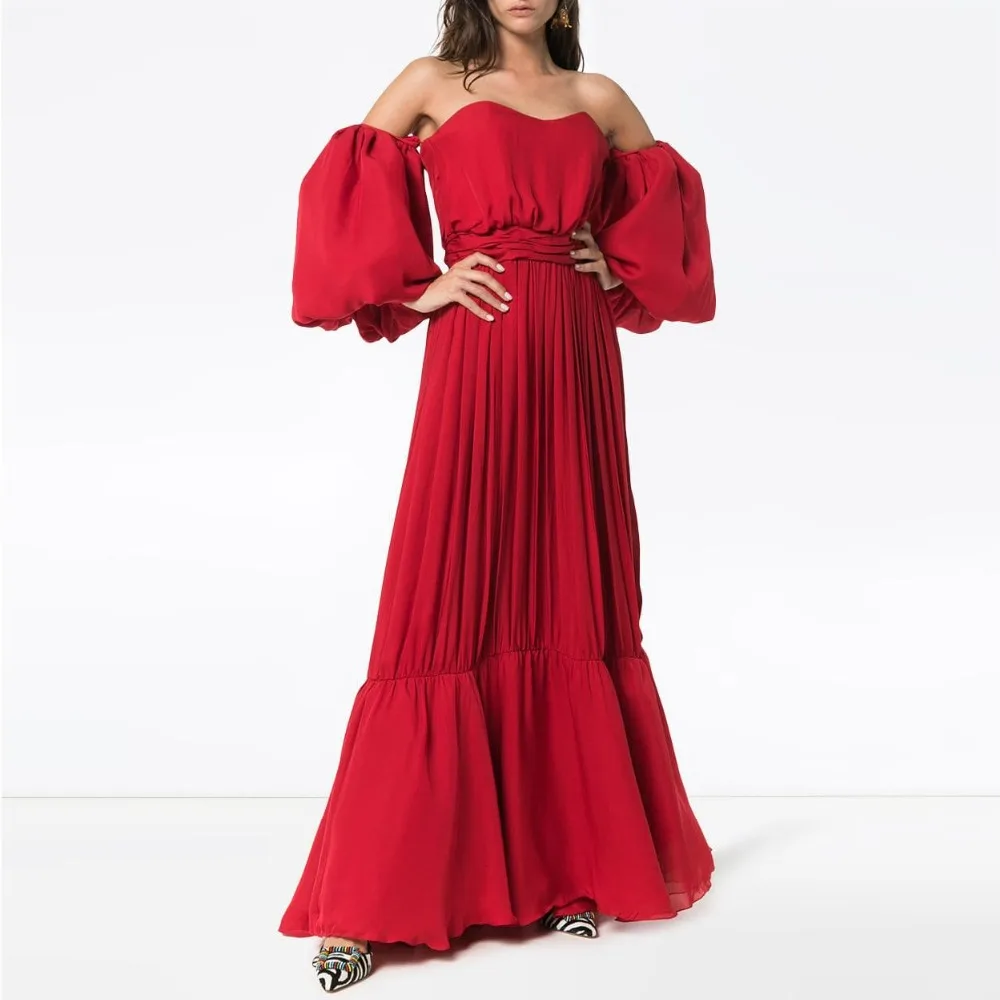 

Top Quality Chiffon Long Evening Gowns Off Shoulder Puffy Sleeves A Line Formal Dress Beach Boho Summer Prom Party Gowns Custom