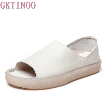 

GKTINOO Women's Sandals 2019 Summer Genuine Leather Handmade Ladies Shoe Leather Sandals Women Flats Retro Style Mother Shoes