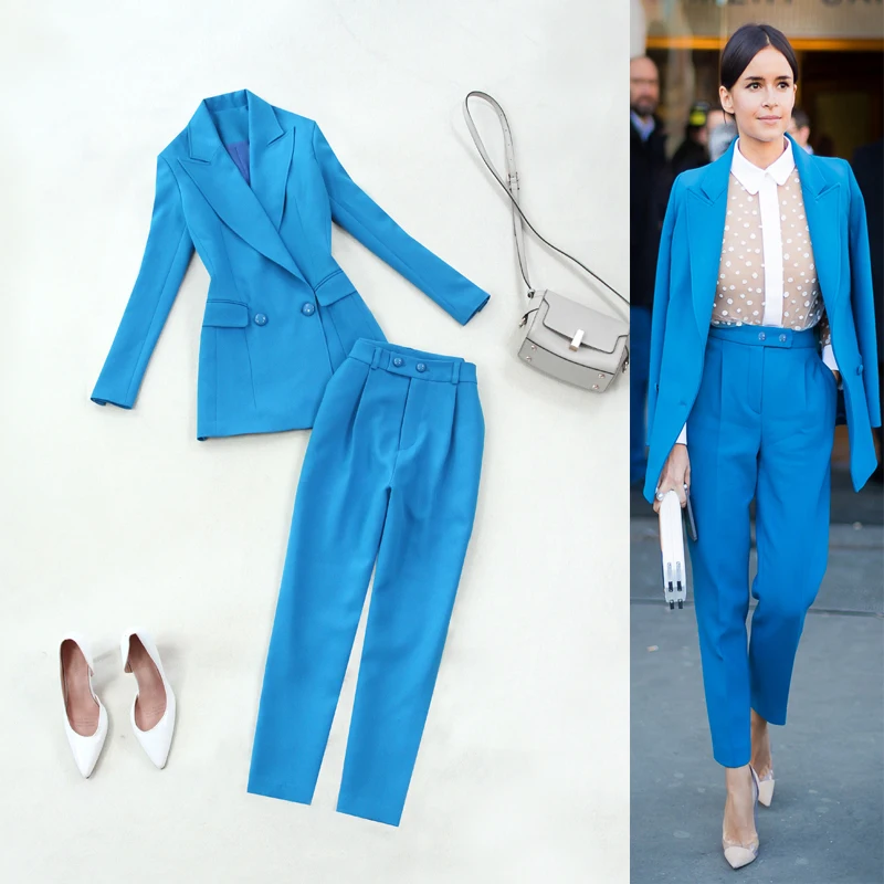 

Women's suit new fashion 2 sets of temperament lake blue Slim double-breasted suit + high waist feet pants elegant two-piece