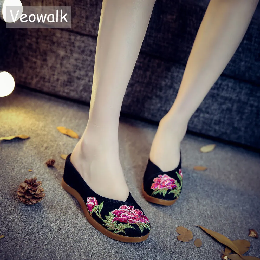Veowalk Hidden Wedges Med Heels Women Linen Embroidered Slides Slippers Summer Ladies Casual Comfort Cotton Shoes Zapatos Mujer Veowalk Hidden Wedges Med Heels Women Linen Embroidered Slides Slippers Summer Ladies Casual Comfort Cotton Shoes Zapatos Mujer