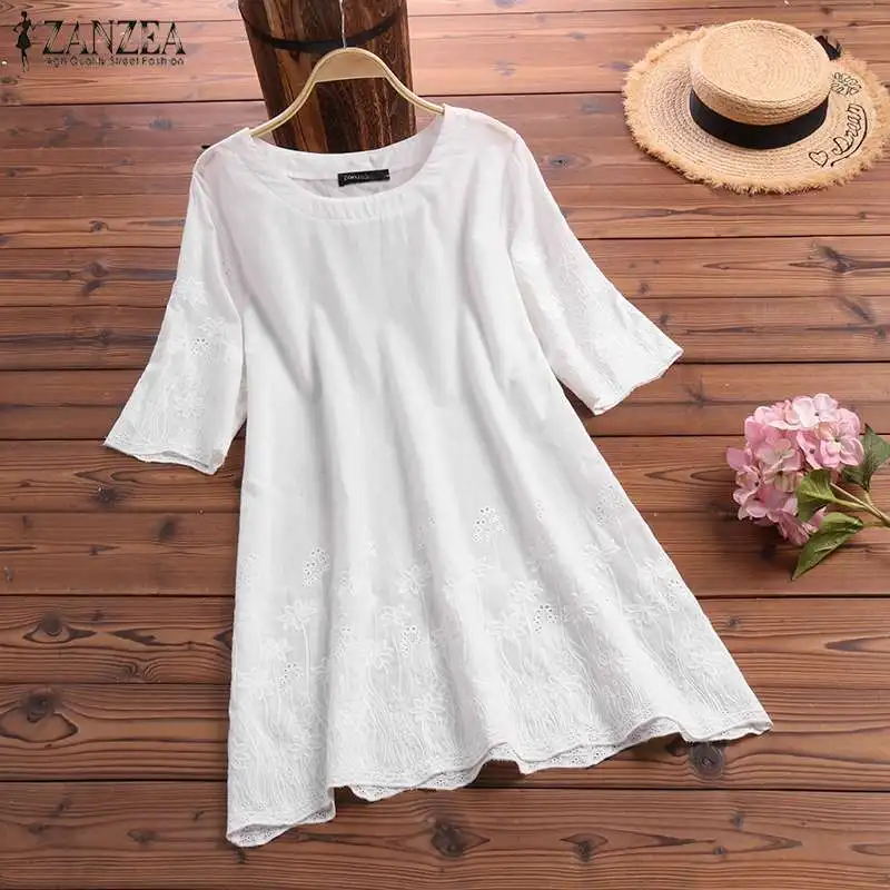 Плюс Размеры женские блузы с вышивкой летняя детская одежда Blusas ZANZEA Модные полые 3/4 рукав футболки женские с круглым вырезом однотонная Tuinc Топ - Цвет: Белый