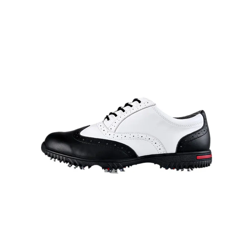 Zapatos De Golf Pgm Аутентичные туфли для гольфа мужские кожаные резные Буллок активности шипы аристократический британский стиль первый слой - Цвет: Black and white