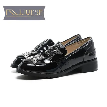 

MLJUESE 2018 women pumps autumn spring cow leather patent leather crystal high heels soft office lady shoes party dress wedding