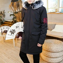 Модная зимняя мужская куртка с тепловым капюшоном, утолщенное теплое пальто, мужские парки, мужская повседневная одежда с мехом дракона, с вышивкой, хлопковая стеганая одежда