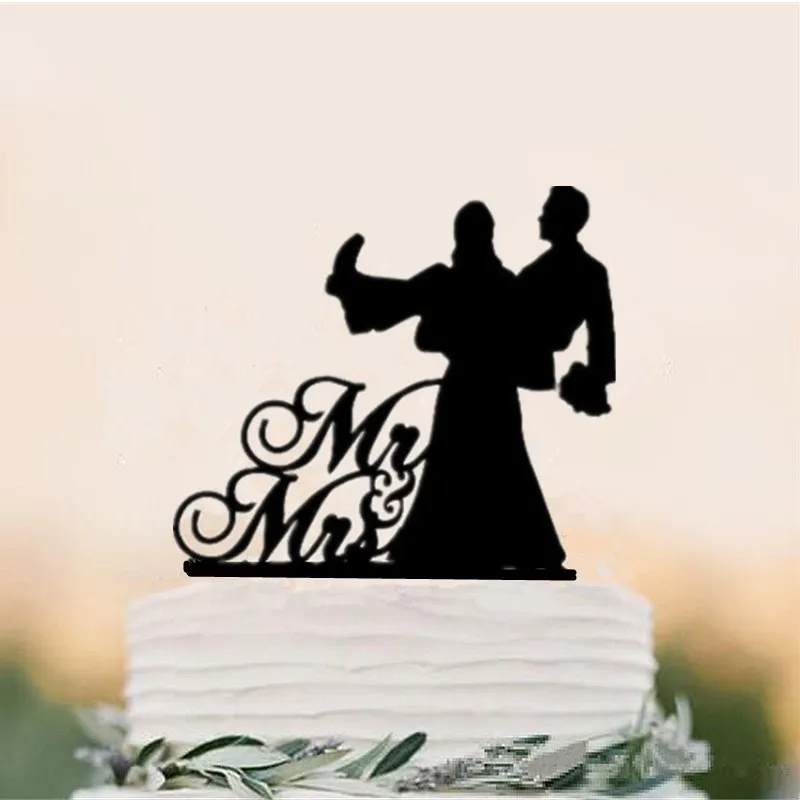 Wedding Party Silhouette Cake Topper Decor Mr & Mrs Bride & Groom Black Acrylic 