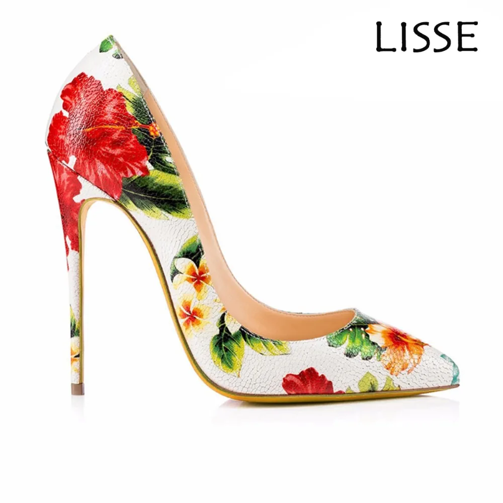 Women Floral Print Leather Pointed Toe High Heel Pumps Stiletto Wedding ...