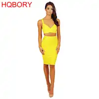 Two Piece 2018 Women's High Quality Bodycon Clubware Yellow Knee Length Bandage Dress