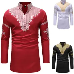 3 цвета Африканский мужской Дашики красный черный длинный пуловер тонкая рубашка с принтом разрез шеи высокий воротник туника рубашка для