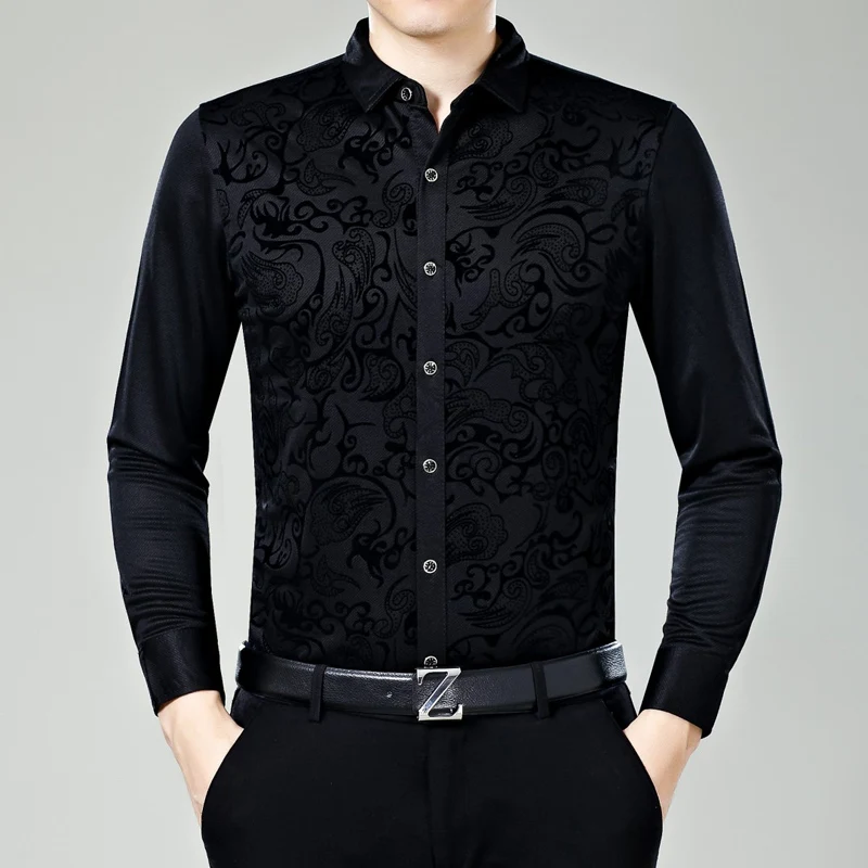 

High-end carved smart casual boutique middle-aged long sleeve shirt Autumn 2018 quality mercerized cotton luxury shirt men M-3XL
