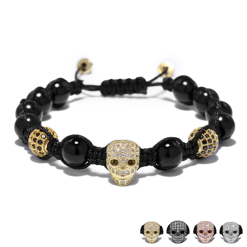 

Unique Design Crystal Ball Zircon Skull Charm Bracelet Male 8mm Onyx Stone Braided Rope Chain Wrap Bracelet Jewelry Bangles