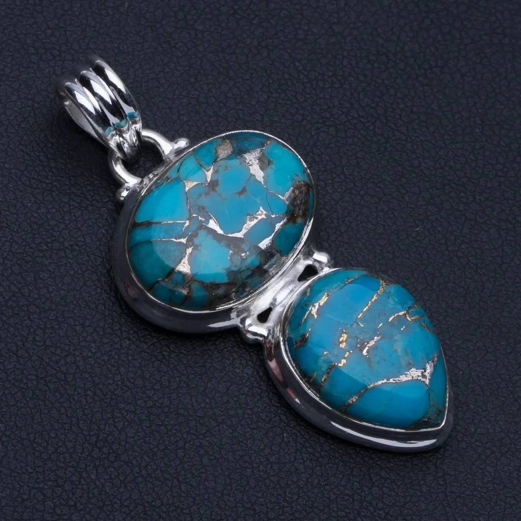 

Natural Turquoise Punk Style 925 Sterling Silver Pendant 2" P0407