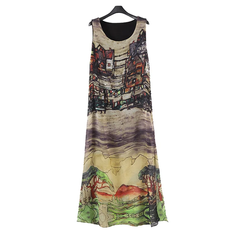 

Woman Spring Plus Size O-neck Print Sleeveless Mid-calf Chiffon Dresses Female Summer Oversized Retro Hedging Loose Flax Dress