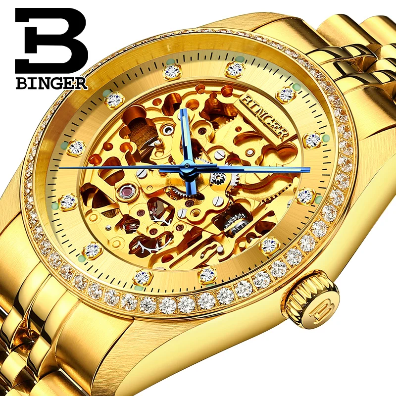 

BINGER Men Luxury Skeleton Automatic Winding Mechanical Watches Gold Stainless Steel Waterproof Wristwatch Male Time hours 1106G
