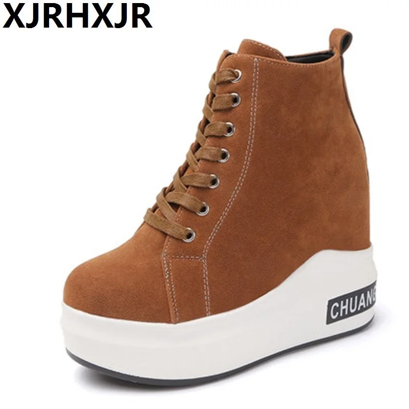 

XJRHXJR Autumn Winter Hidden Heels Ankle Boots Woman Fashion Lace Up Platform Shoes 10cm Heels Height Increasing Casual Shoes