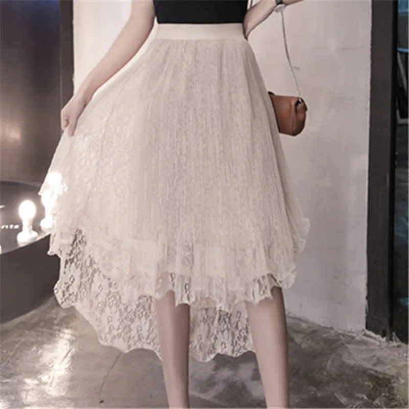 

2018 New Women Spring Summer Lace Tulle Skirt High Waist Chiffon Midi Skirt Loose Casual Long Skirts Hollow Mesh Skirts Womens