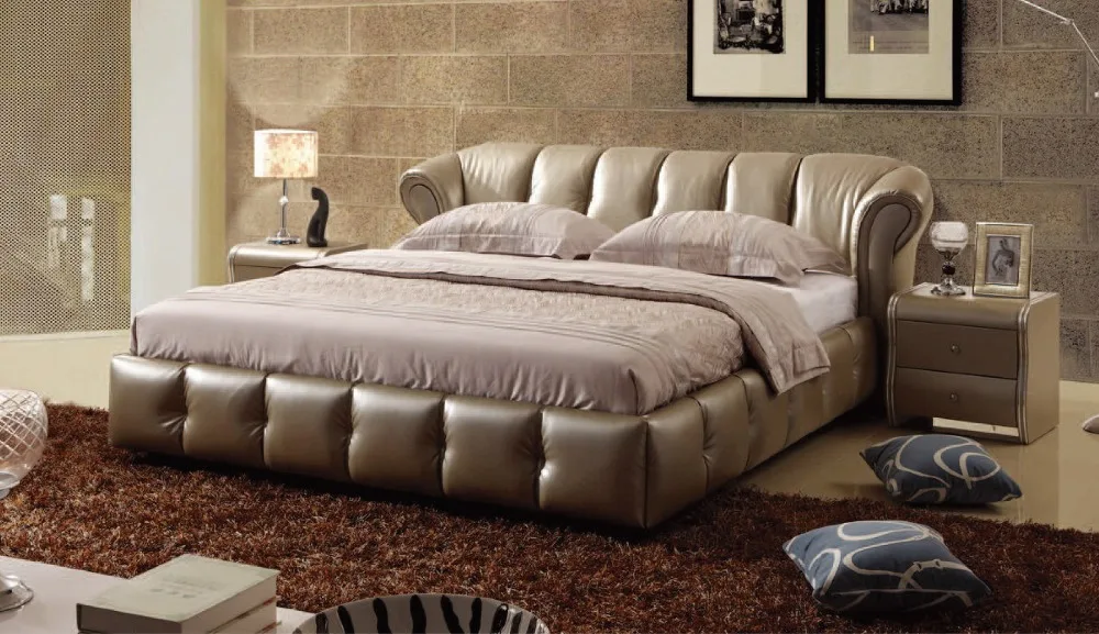 Designer Modern Genuine Real Leather Soft Bed Double King Queen Designer Modern Genuine Real Leather Soft Bed Double King Queen Size Bedroom Home Furniture Rectangle American
