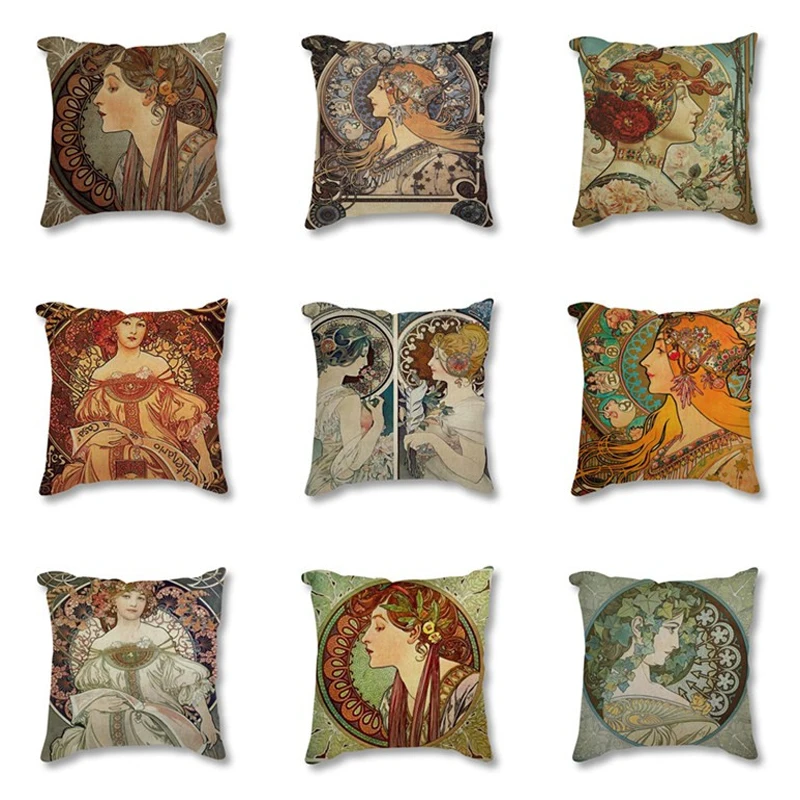 

Vintage European Art Nouveau Mucha Gallery Decorative Cushion Sofa Pillowcase Beautiful Girl Cotton Linen Cushion Cover 45x45 cm