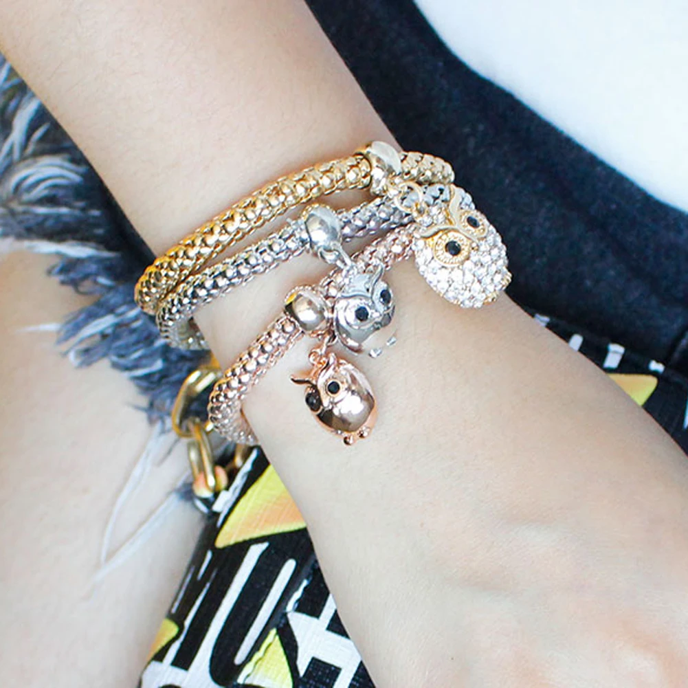 

3pcs Crystal Rope Owl Bangle Charm Bracelets&Bangles Rose Gold Silver Plated Crystal Bracelet Multilayer Bangles Pulseira