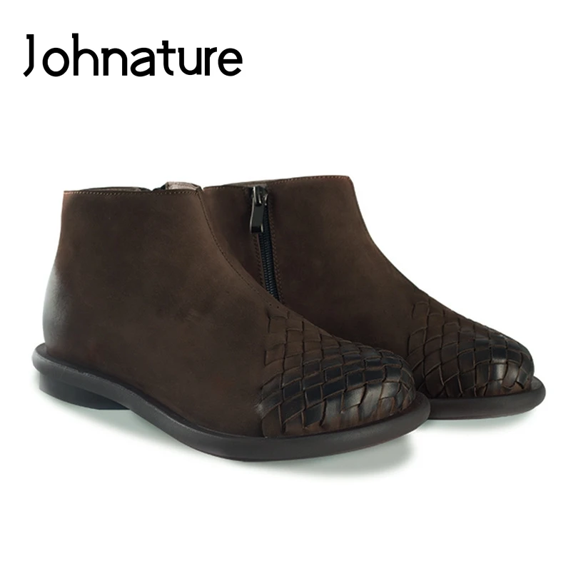 

Johnature 2019 New Autumn/Winter Genuine Leather Round Toe Zipper Sewing Short Plush Flat Platform Ankle Boots Women Shoes