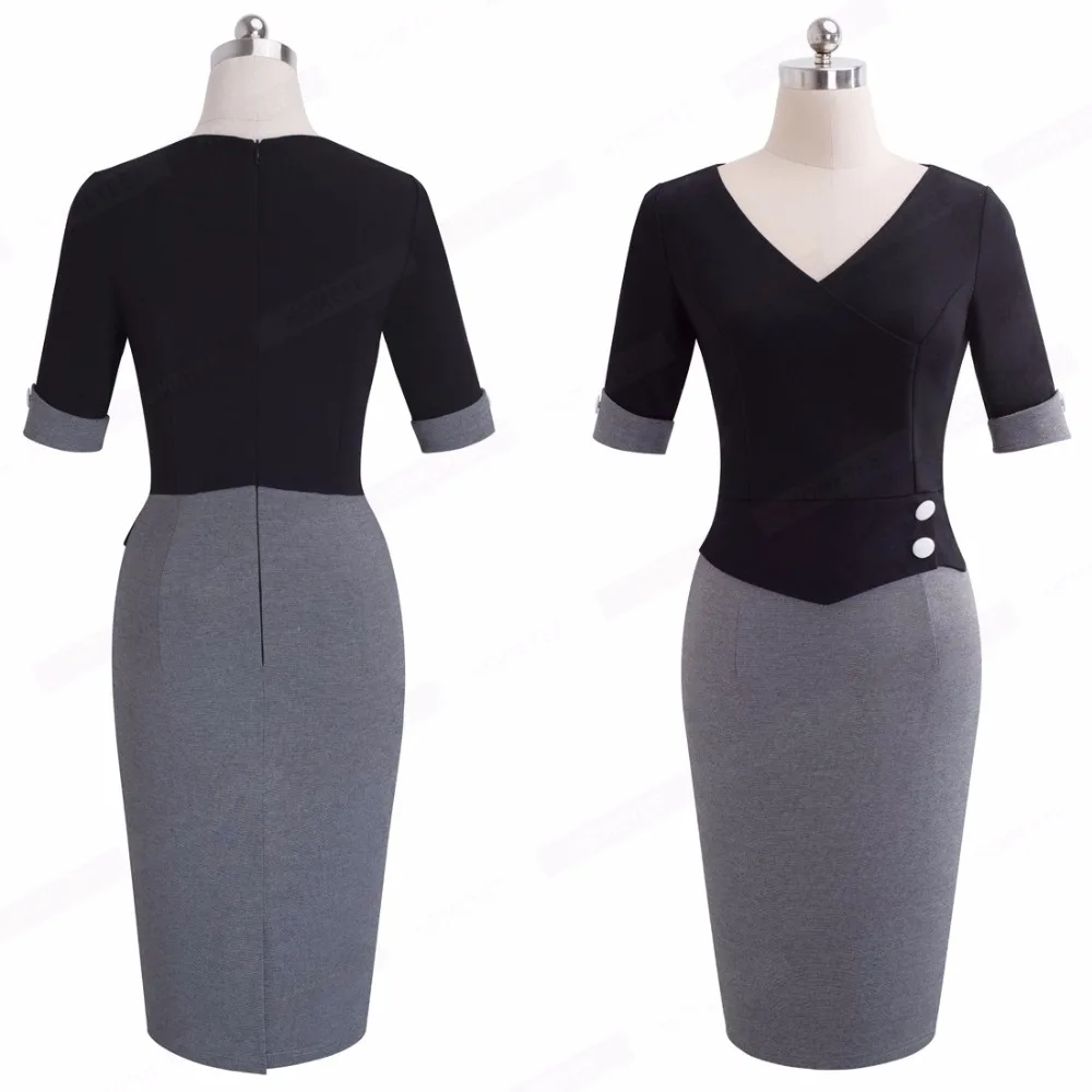 V Neck Button Detail Black Sheath Dress