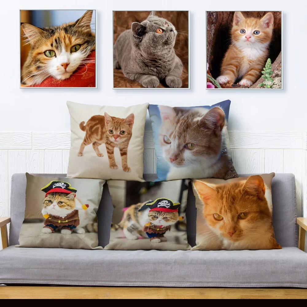 

Cute Pet Cat Print Throw Pillow Cover 45*45cm Linen Cushion Covers Cotton Linen Pillow Case Car Sofa Home Decor Pillows Cases