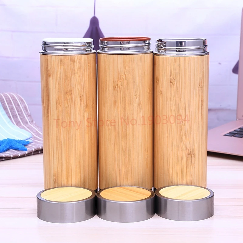 

Bamboo Stainless Steel Water Bottle Vacuum Insulated Coffee Travel Vacuum Cup With Tea Infuser Strainer Wooden Bottle