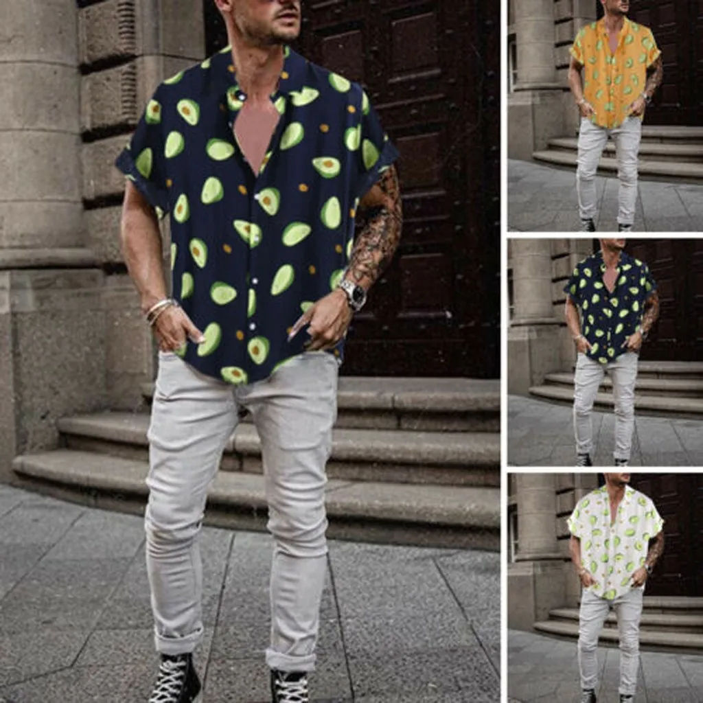Летняя мужская рубашка с принтом авокадо, отложной воротник, короткий рукав, повседневные пляжные Гавайские рубашки, Мужская Уличная одежда, Camisa 3XL