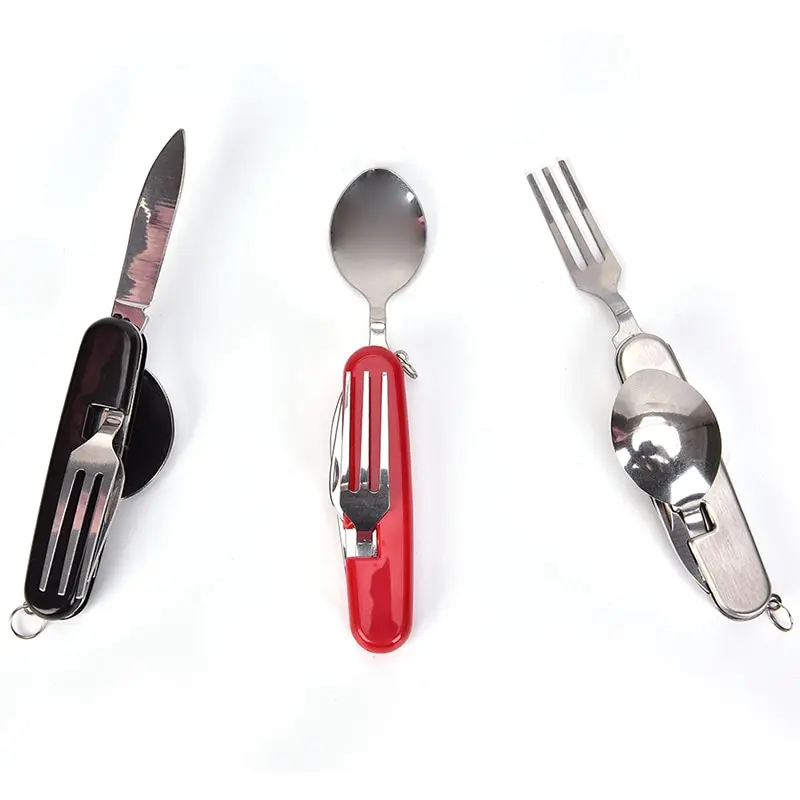 4 en 1 vajilla exterior de acero inoxidable plegable tenedor cuchara cuchillo Picnic Camping senderismo vajilla multifuncional herramienta