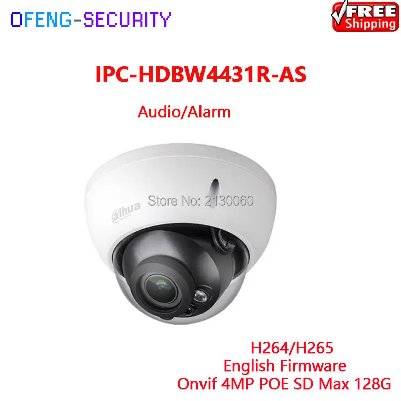 

Dahua Camera IPC Dome POE IPC-HDBW4431R-AS 4MP IR 30m Audio 1/1 Alarm 1/1 SD Card English Firmware