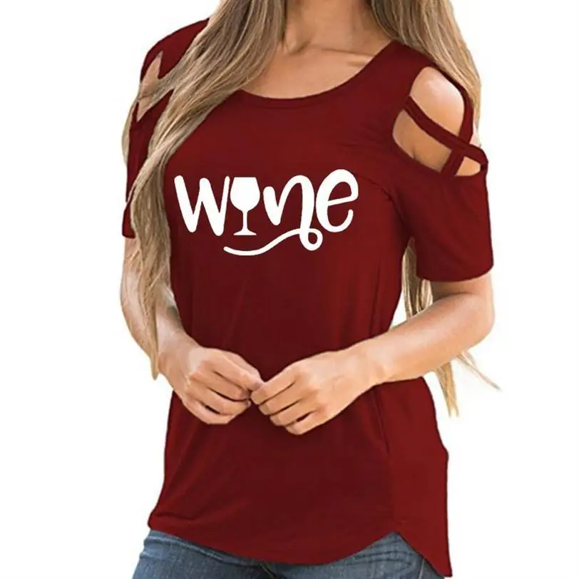 

Fashion T-Shirt For Women New Fashion Wine Letters Print Bandage Off Shoulder T-Shirt Tshirt Female Plus Size Cotton Cropped