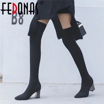 

FEDONAS Brand 2020 Autumn Winter Warm Long Boots Knitting High Heels Slip On Sexy Women Over The Knee Boots Party Shoes Woman