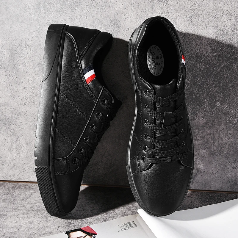 SUROM Leather Casual Shoes Men White Lace Up Fashion Classic Men Dress Shoes Black Flats Male Comfortable Breathable Lightweight