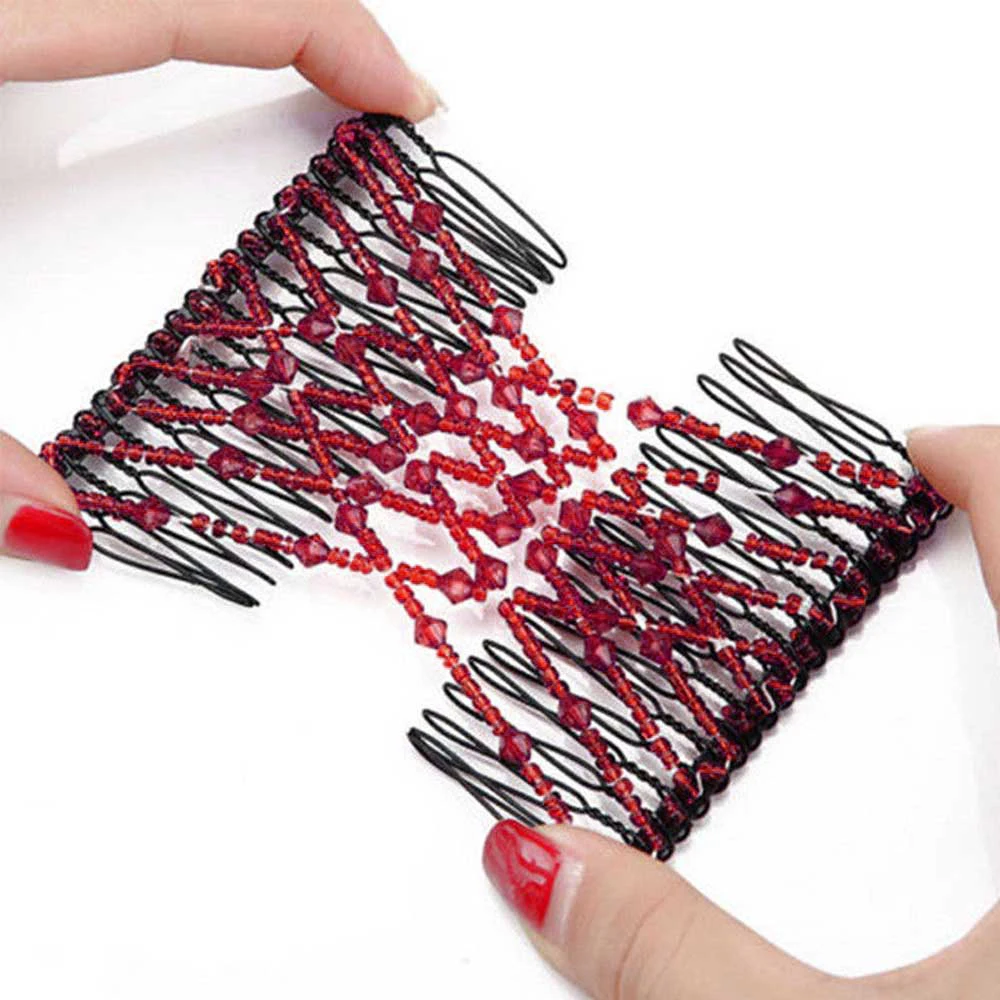 Bead Stretchy Hair Combs Double Magic Slide Metal Comb Clip Hairpins